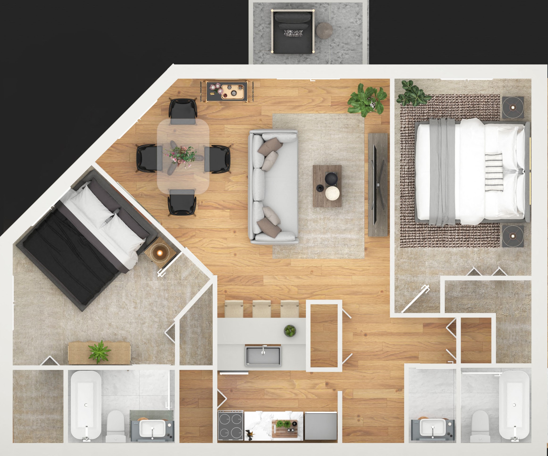 Floor plan for 2 beds, 2 baths, 1084 sqft